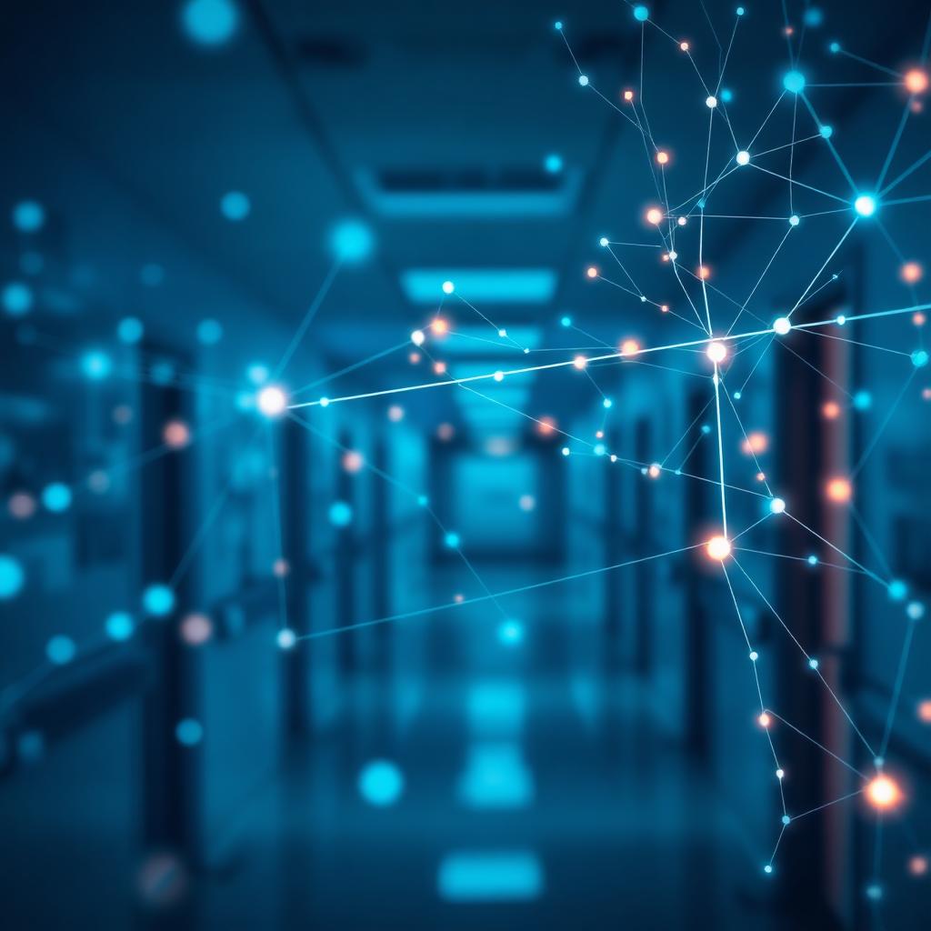 Abstract glowing data network nodes layered over a blurred hospital corridor.
