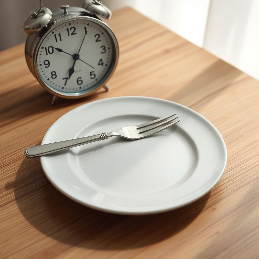 An empty plate with cutlery on a wooden table next to a vintage clock.