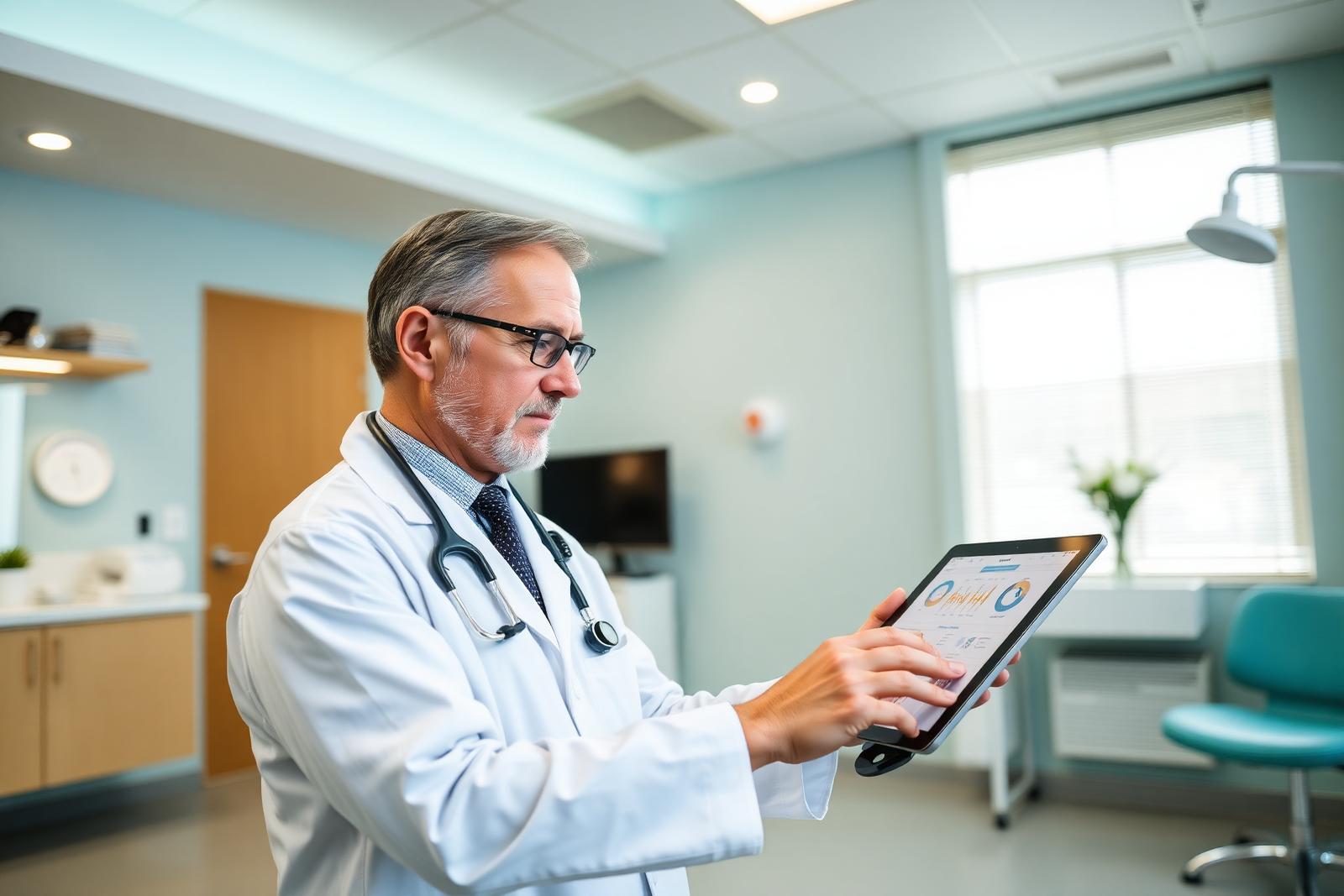 A physician reviews patient charts on a tablet in a softly lit clinic.