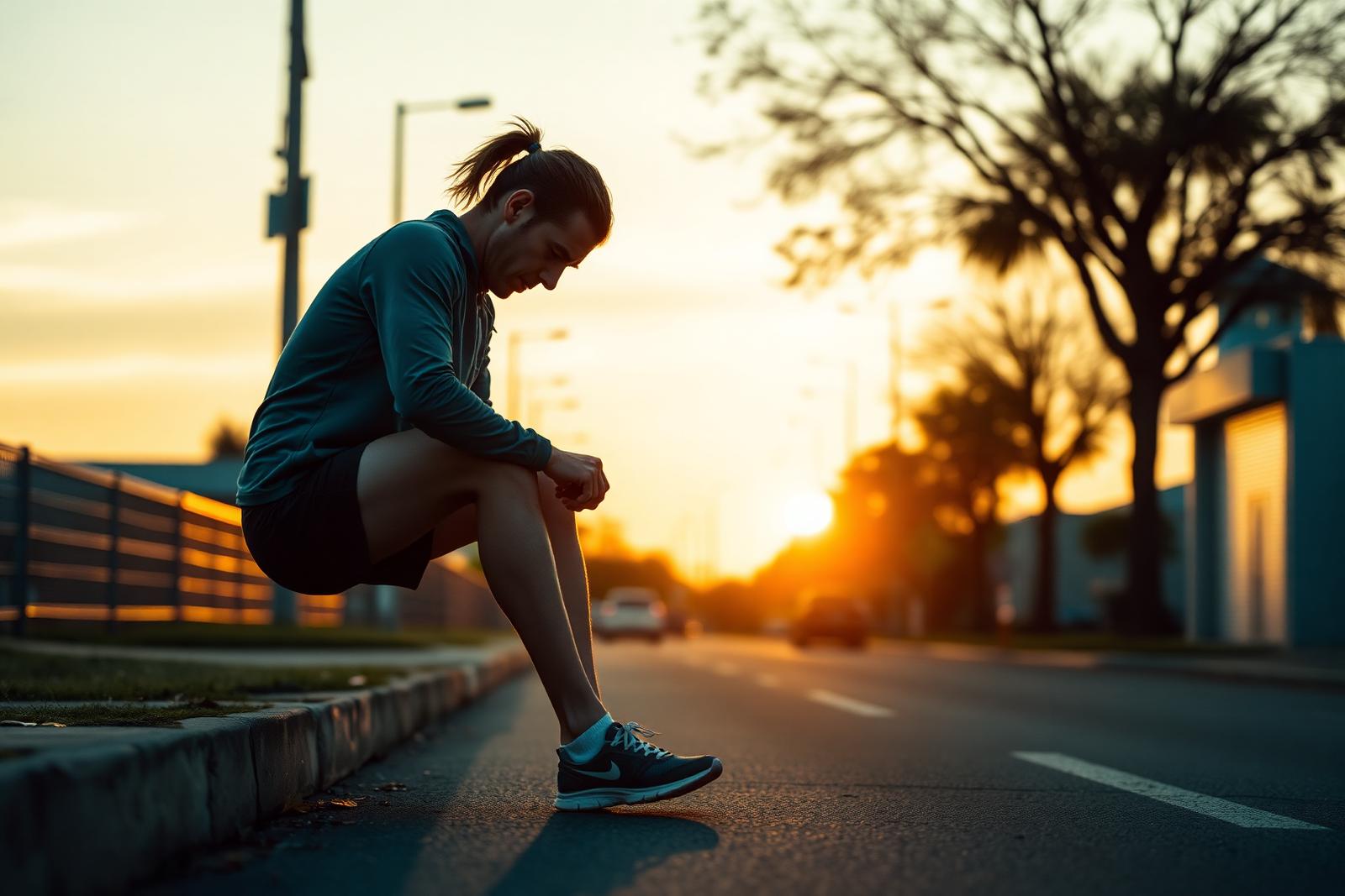 A runner lacing sneakers at sunrise on an empty street.
