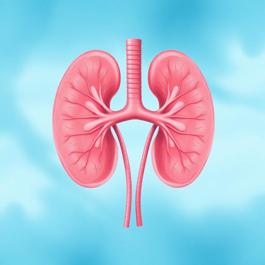 Anatomical illustration of human kidneys on a soft blue background.