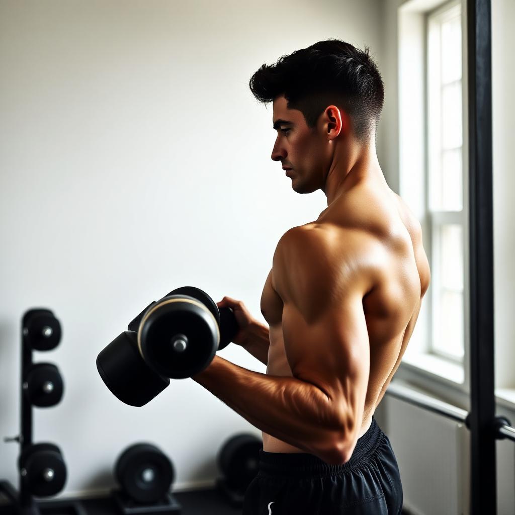 A person curling a dumbbell in a minimal home gym lit by window light.