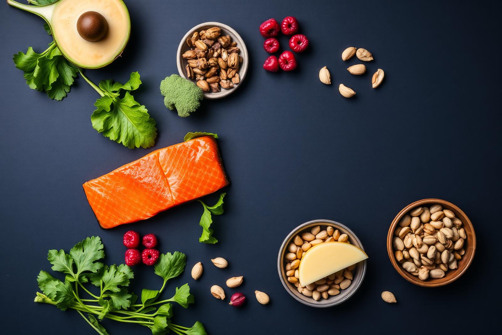 Overhead flat-lay of fresh whole foods on a deep navy surface.