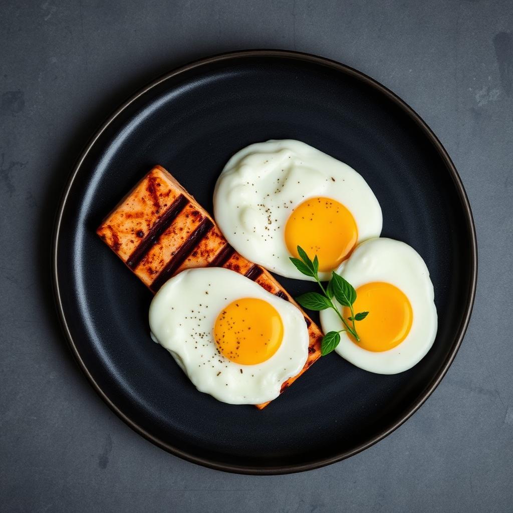 Overhead view of grilled salmon and eggs on a dark ceramic plate.