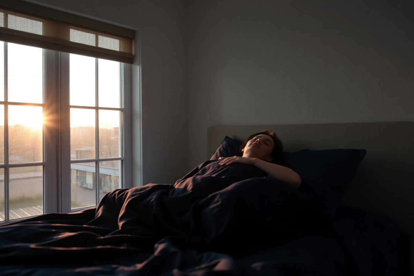 A person sleeping peacefully in a softly lit bedroom at dawn.