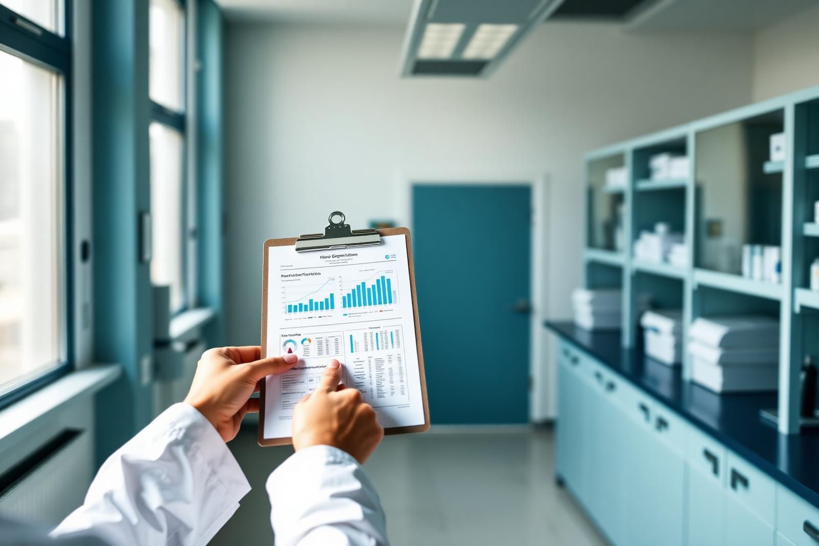 A researcher reviews charts on a clipboard in a softly lit clinical lab.