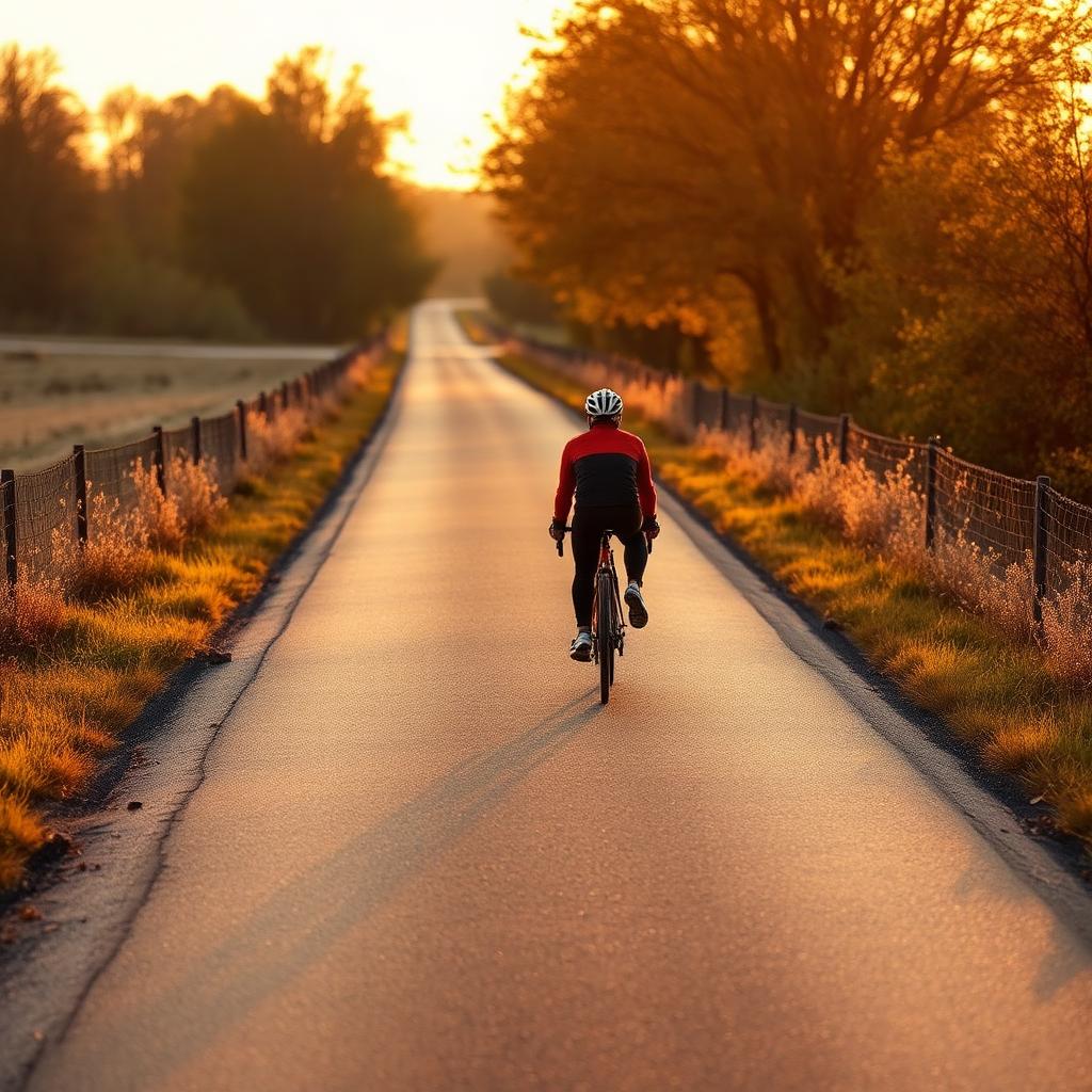 A cyclist riding a quiet country road at golden hour.